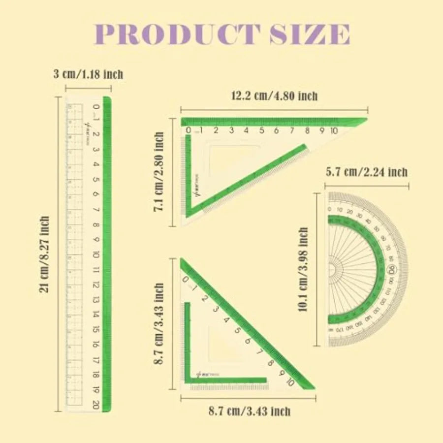 12Pcs transparent ruler set for school and office: shatterproof colorful acrylic, clear lightweight geometry measuring tool wit