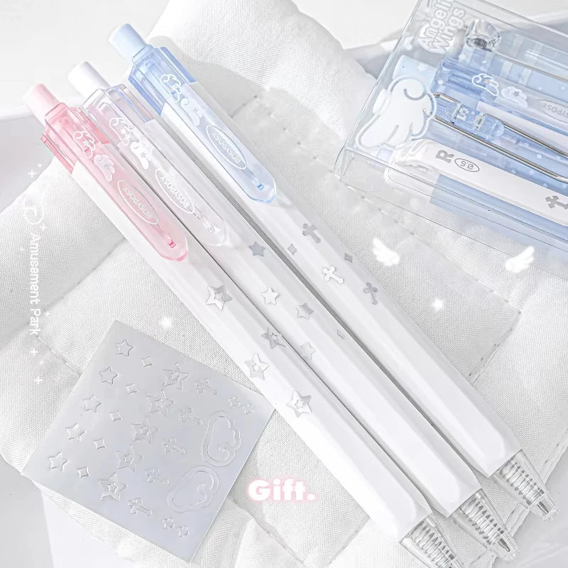 4pcs/set Pearl Angel Gel Pen Set Cute Exam Pens with Wing Design Kawaii Cartoon 0.5mm Black Ink for Kids Back To School Student