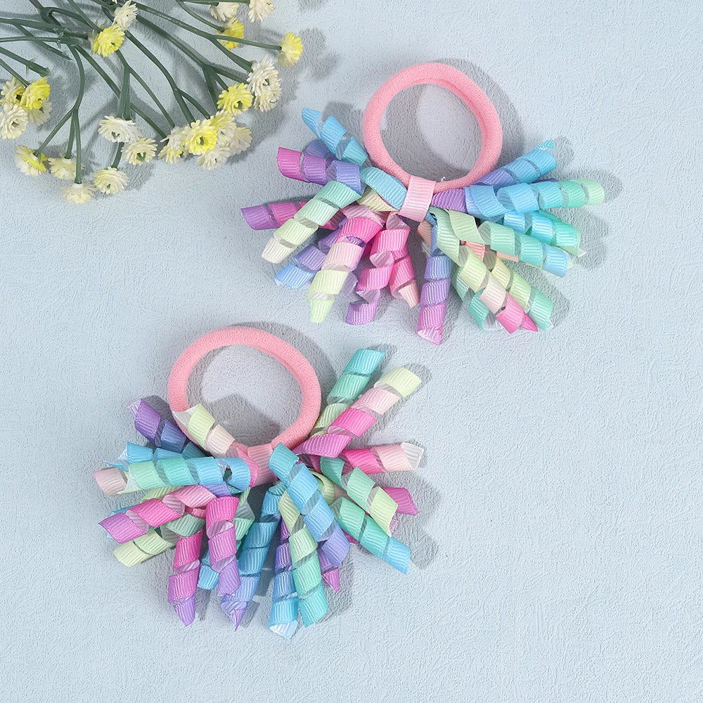2Pcs Trendy Firework Hair Ties Rainbow Curly Ribbon Elastic Rubber Bands For Girls Kids Cute Hair Ropes Daily Hair Accessories