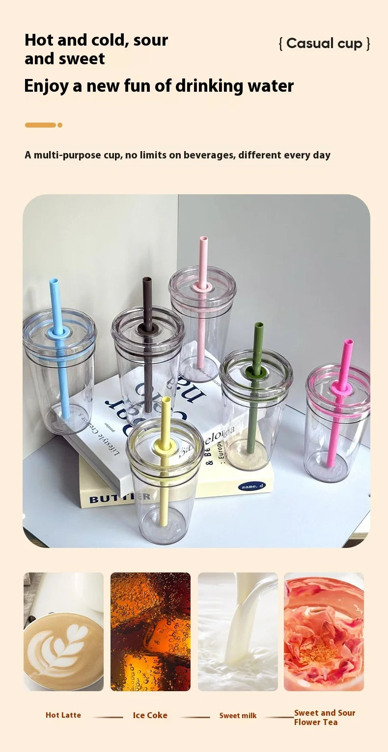 450ML Summer High-value Milk Tea Straw Plastic Cup Transparent Multi-color Thickened Coffee Cup Office Water Cup