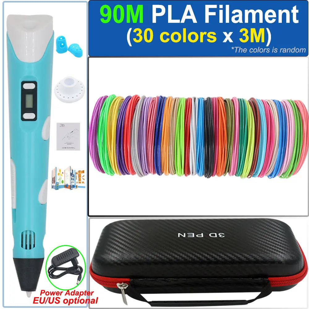 Children's 3D Pen 3D Drawing Printing Pen with LCD Screen Power Adapter 200M PLA Filament Toy Kids Christmas Birthday DIY Gift