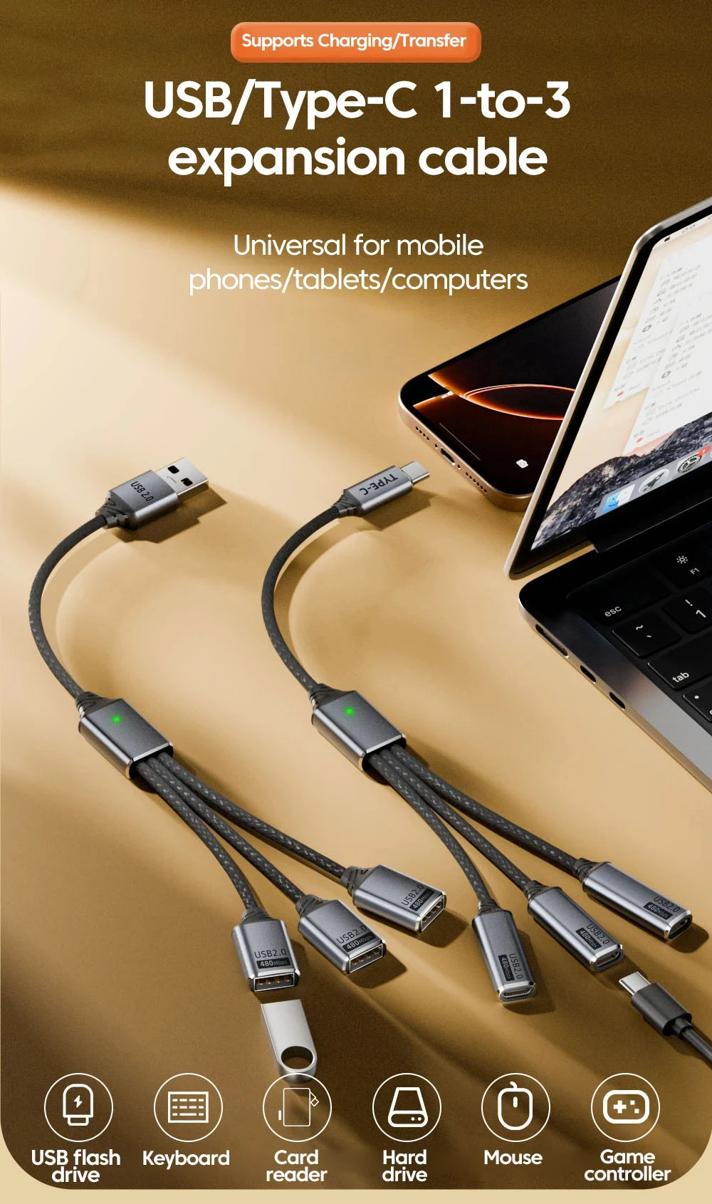 NNBILI 3 in 1 USB A/Type C Splitter HUB Expansion Cable Multi Port Expander Phone Charger  Adapter OTG Charging For Phone Table