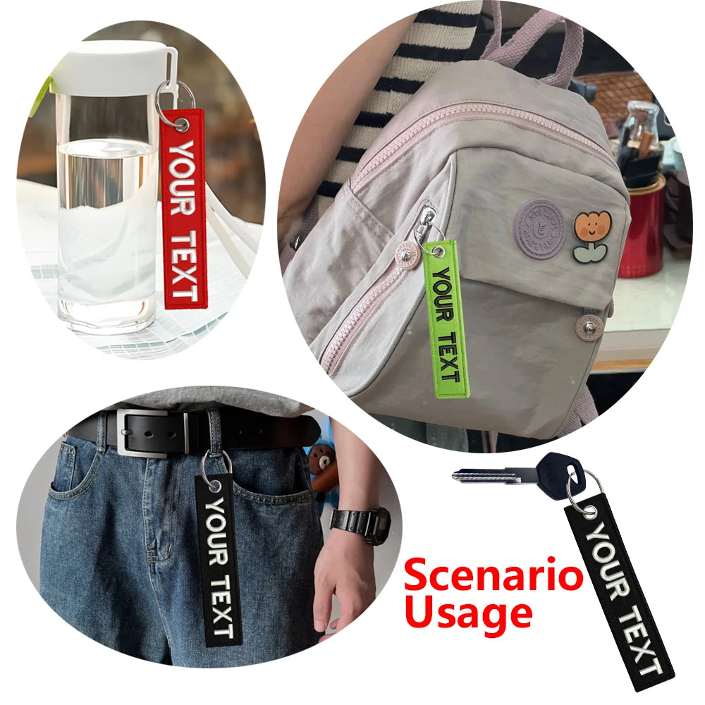 Custom Embroidered Keychain - Personalized Text Name Tag Keyring for Motorcycle, Car, Backpack, Luggage Travel Accessories