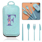 4Pcs Wheat Straw Cutlery Knife Spoon Fork Chopsticks Portable Set Plastic Detachable Dinnerware Purple Flower Letter Pattern