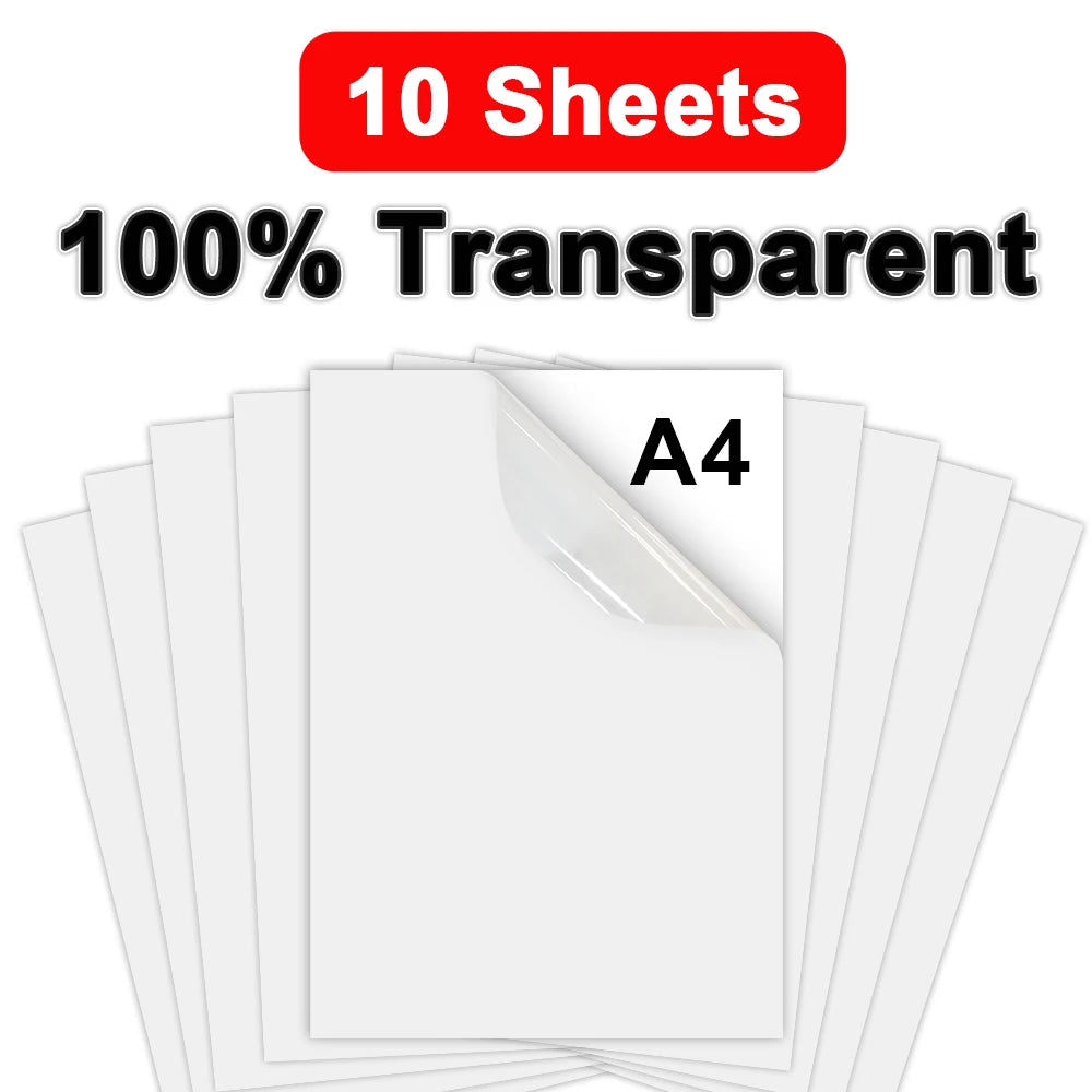 100% Transparent Printable Vinyl Sticker Paper Self-adhesive 10 Sheets A4 Glossy White Copy Paper DIY Labels for Inkjet Printer