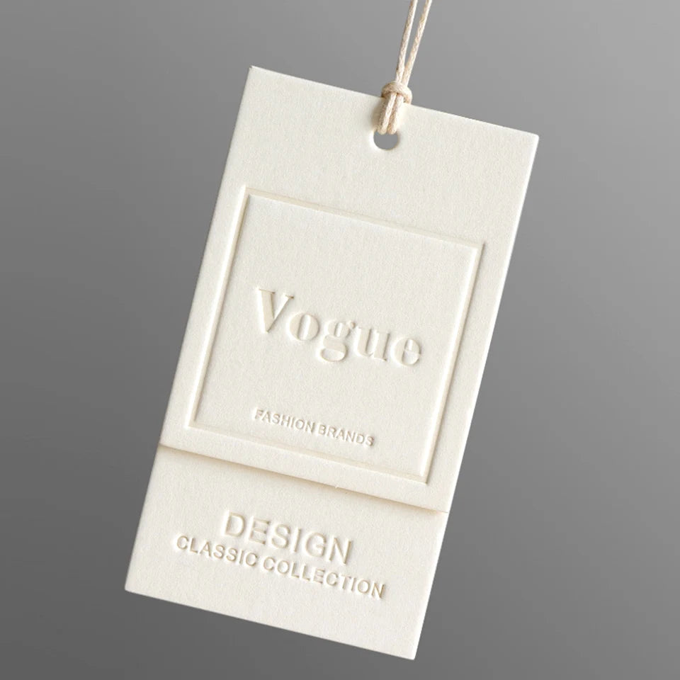Custom Luxury Garment Swing Tag Clothing Brand Price Label 3D Embossed logo Paper hang Tag