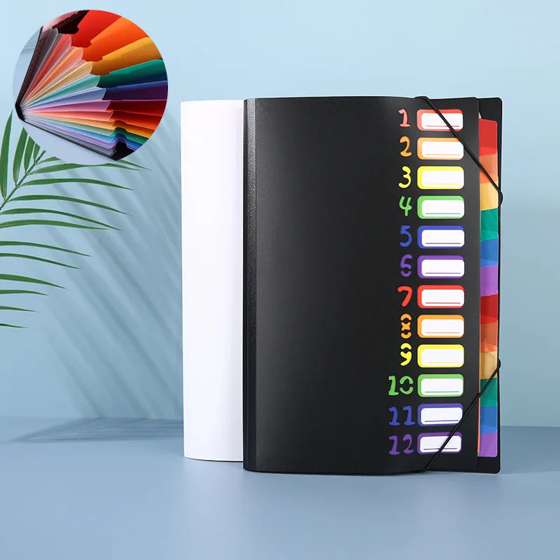 A4 12-Pocket Rainbow Accordion File Folder, Elastic Band Expanding Document Organizer with Index Tabs for School Office