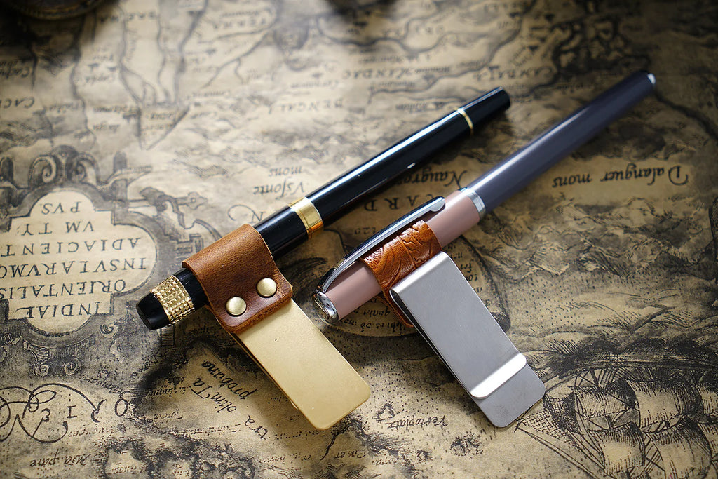 Brass Leather Pen Clip Stainless Steel Cowhide for Traveler's Notebook - Genunine Leather & Metal Notebook Accessory