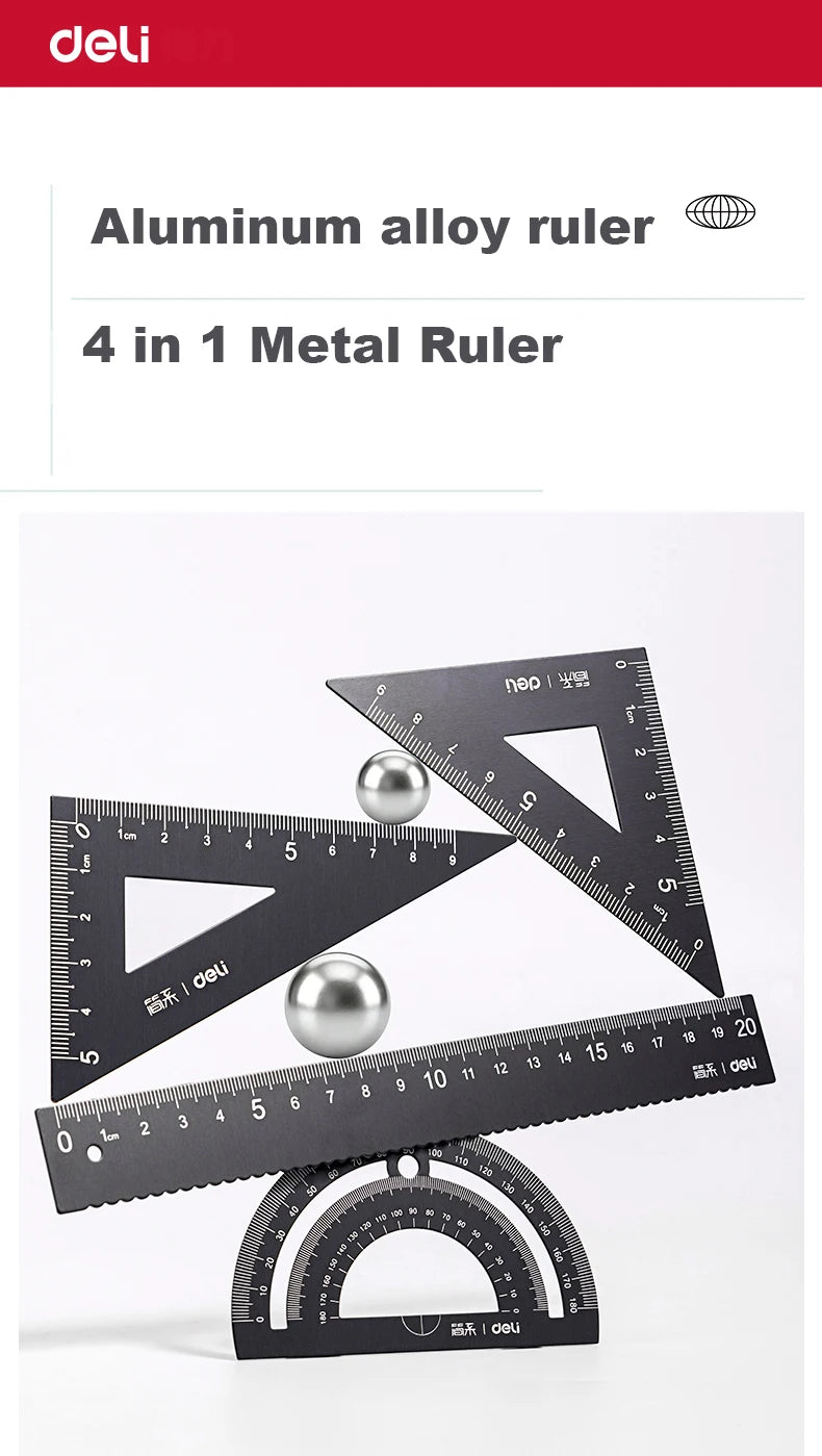 Deli 4Pcs Student Stationery Set Triangle Ruler Straight Ruler Grid Ruler Angle Measuring Tool Aluminum Alloy Material