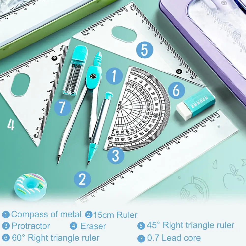 Student compass Protractor clear scale accurate mathematical geometry games school stationery 7 pieces per set