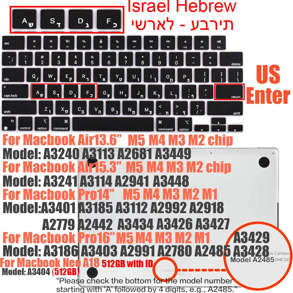 Multi-Language Keyboard Protector Compatible with for MacBook Air/Pro M5-M4 A2779,A3434,A3241 | Arabic, FR, RU, ES, IT Layouts