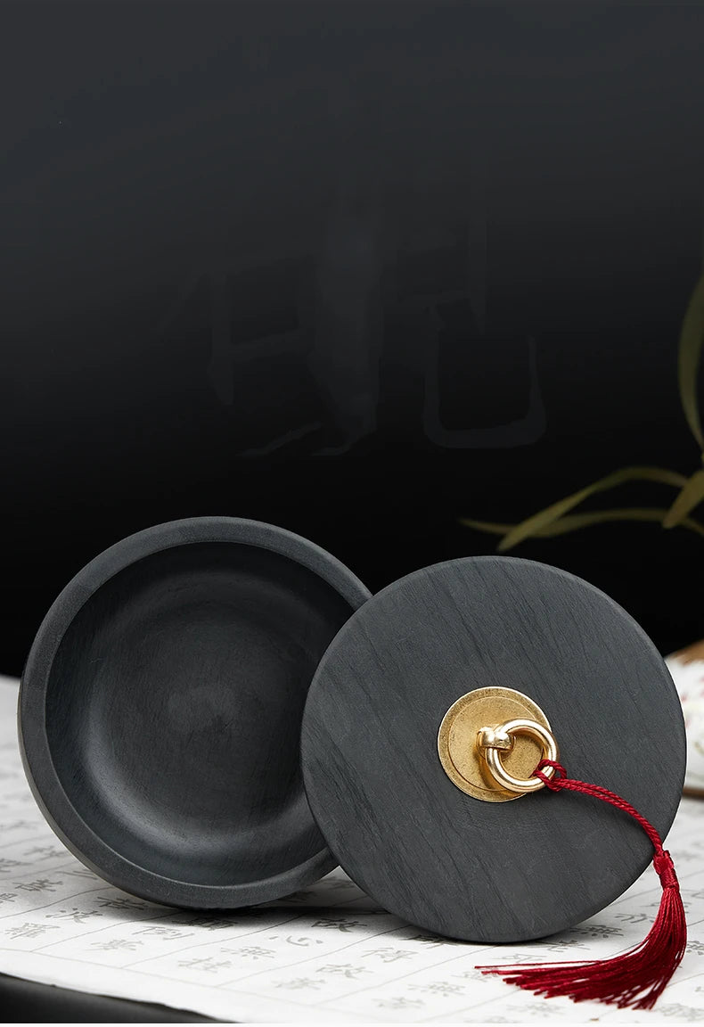 Natural Raw Stone Inkstone Chinese Brush Writing Painting Circular Inkstone Vintage She Inkstone Cartridge Calligraphy Supplies
