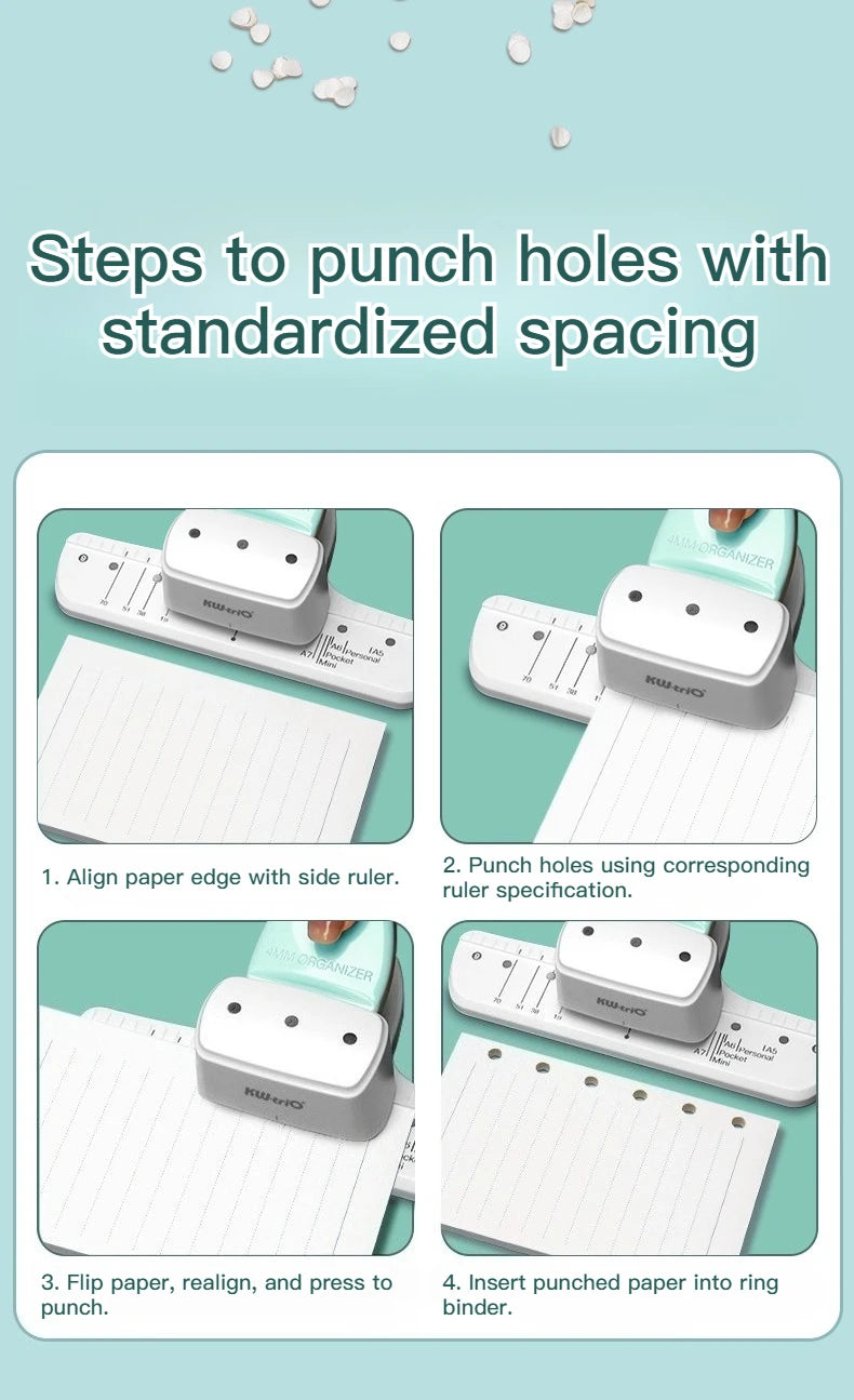 KW-TRIO Multi-Colored Loose-Leaf Hole Punch with 4mm Small Aperture Multi-Hole Punch with Ruler Design Portable Hole Punching