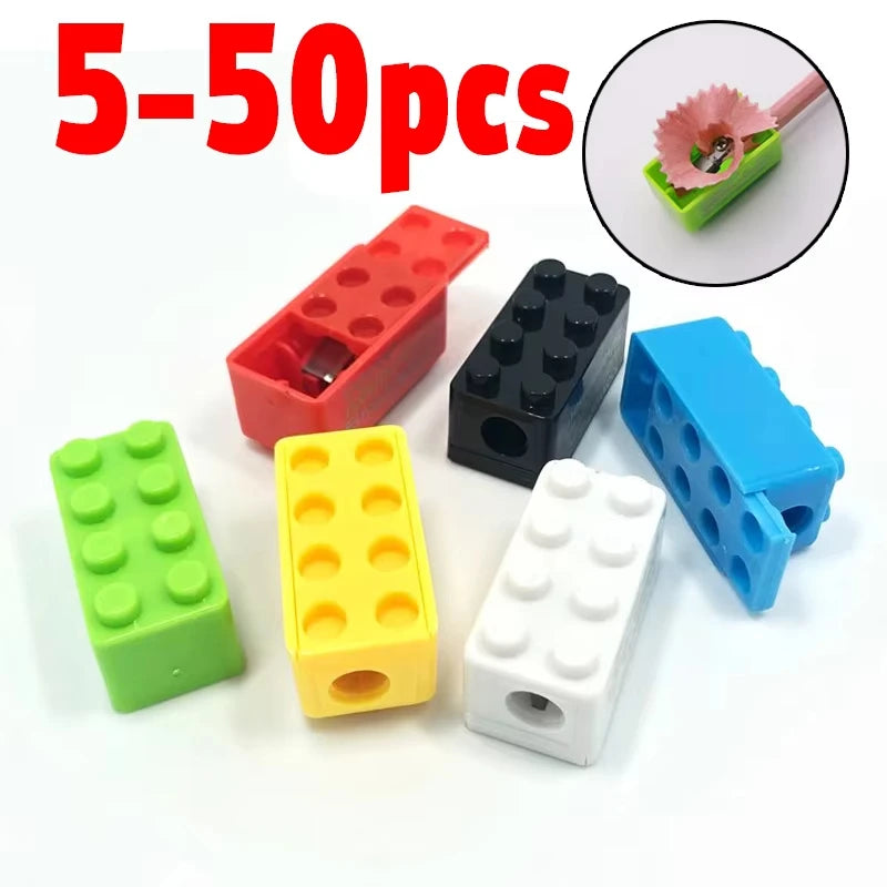 Cartoon Plastic Building Blocks Pencil Sharpener 5/50pcs Set for Children Office School Stationery Supplies Random Selection
