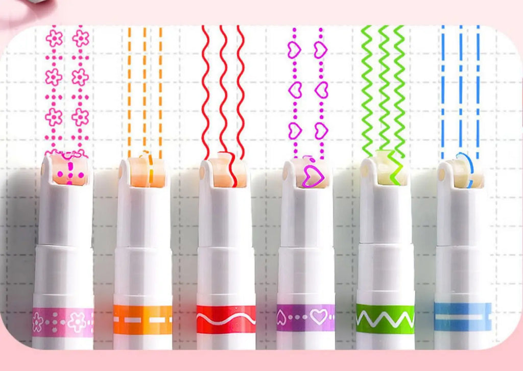 Kawaii Flowers Line Shaped Highlighter Pens, Roller Tip, Curve Liner, Marker for Writing, Journaling,Drawing Stationery, 6Pc Set