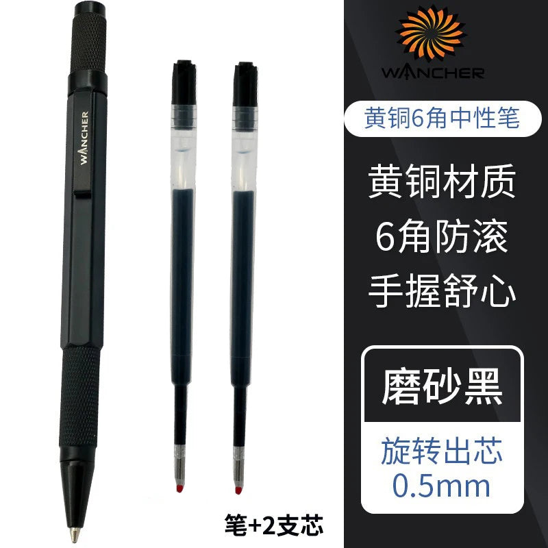 WANCHER Ballpoint Pen Original Hexagon Brass Metal Rotary Black 0.5mm Refill Replaceable W1558 Office School Stationery