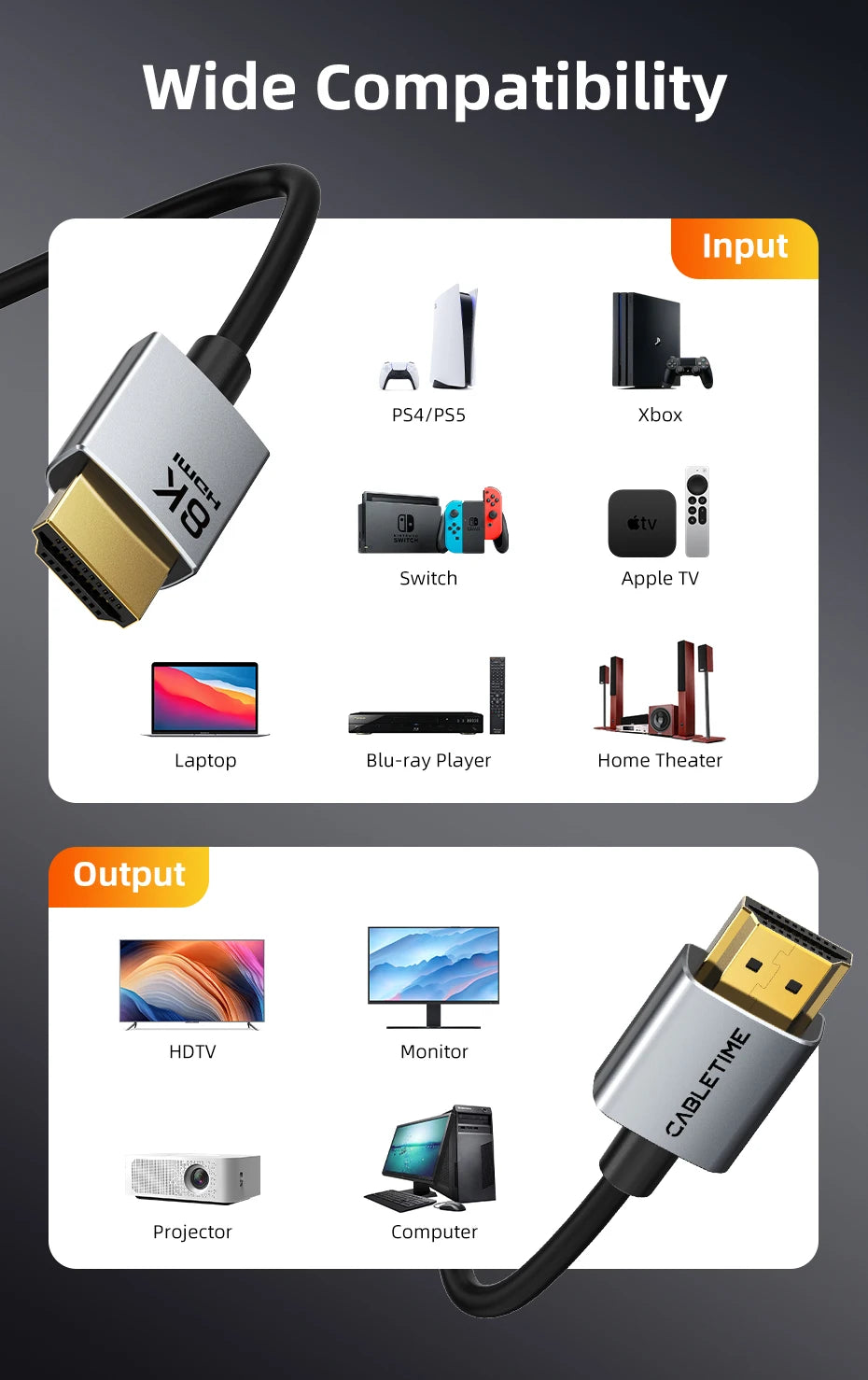CABLETIME 8K Slim HDMI 2.1 Cable HDMI to HDMI Cable 8K@60Hz 4K@120Hz Ultra HD Resolution 3.8mm Width for Laptop Lenovo Dell