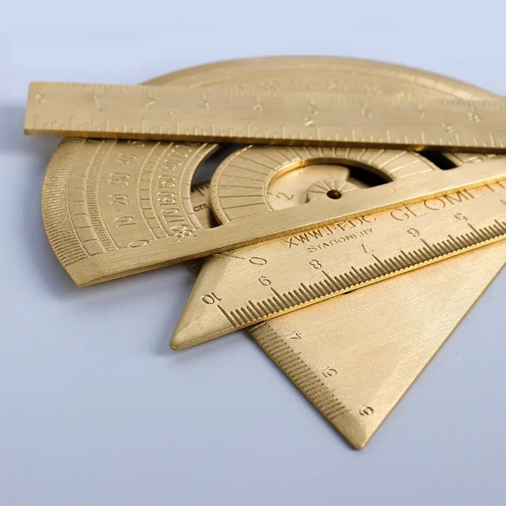 Retro Brass Straight Ruler Student School Office Stationery Metal Triangle Rulers Protractor Painting Drawing Measuring Tools