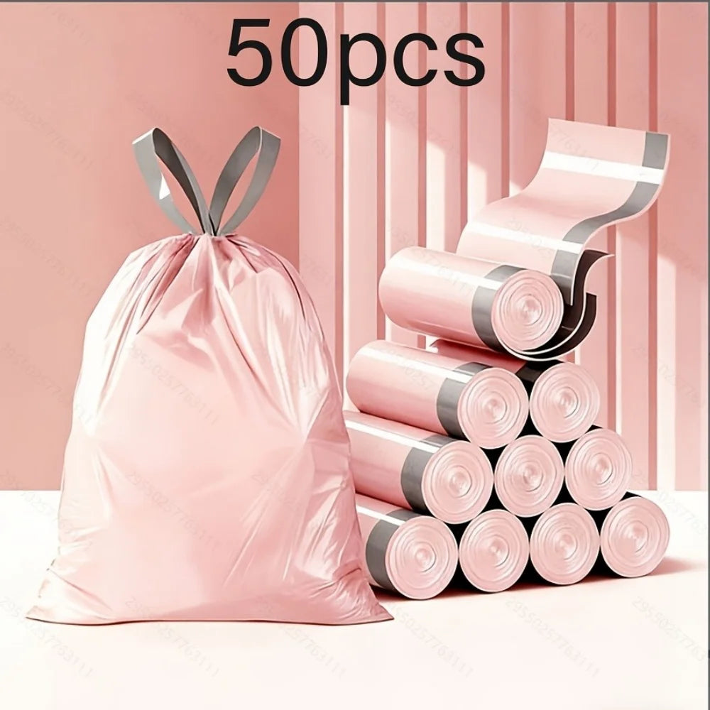 1Rolls/50pcs Extra Thick & Durable Drawstring Trash Bags Large, Portable Kitchen Waste Bags for Home Use
