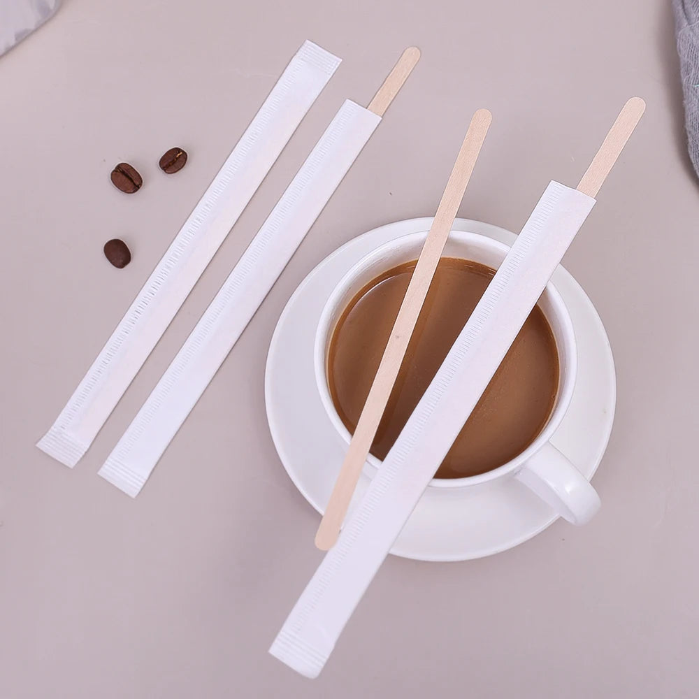 100/300Pcs 5.5Inch Disposable Wooden Coffee Stirrers Individually Wrapped Tea Drink Cocktail Mixer Swizzle Sticks Round End