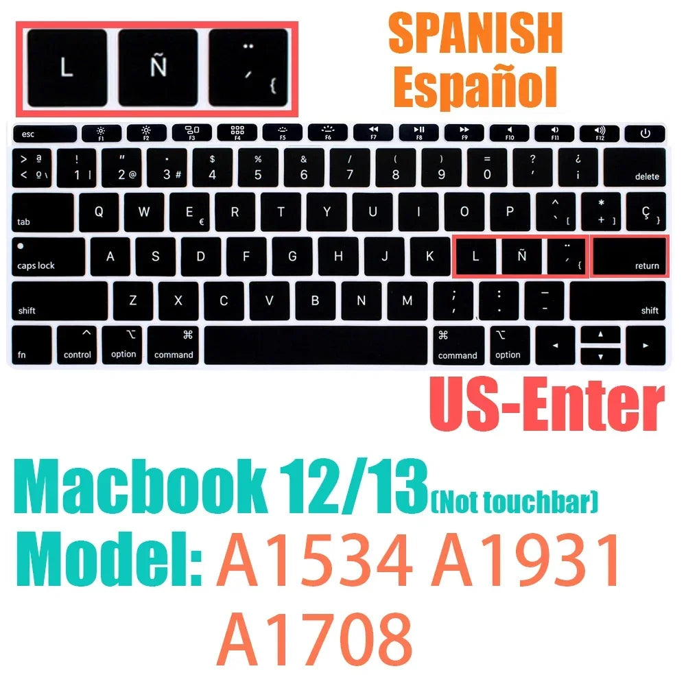 Keyboard Protective Film Silicone for 12-16' MacBook Air/Pro M1 M2 M3 Spanish Keyboard Cover Soft Protection Accessories Black