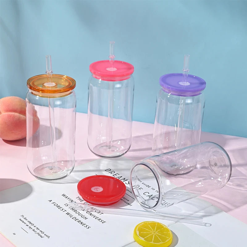 16oz Colorful Lid Transpare Plastic Cup with Lids And Straws Replacement Lids for Can Shaped  Iced Coffee Cups Cute Tumbler Cup