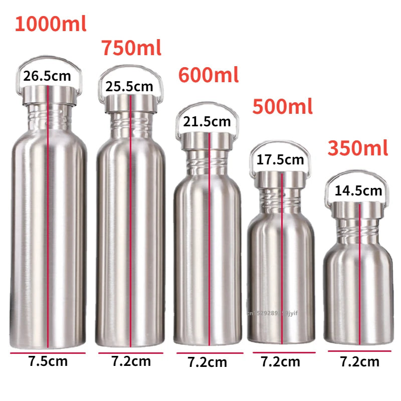 500/750/1000ml Stainless Steel Water Bottle Single Wall Large Capacity Big Mouth Vacuum Flasks with Lid Cycling Drinkware Sports