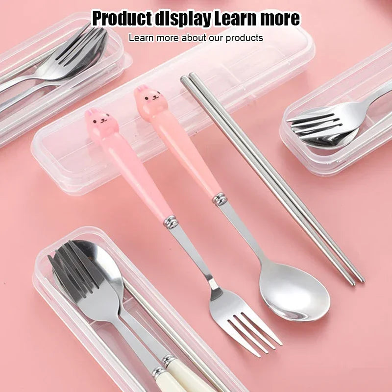 Cute Cartoon Travel Tableware with Case Portable Utensils Cutlery Set Reusable Flatware Silverware Include Fork Spoon with Case