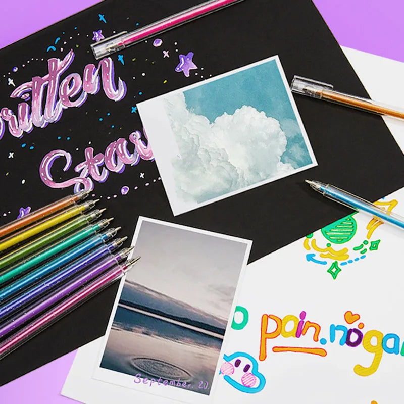 Set of 12 or 24 Glitter Pens, Liquid Sand Pens, Shimmer Gel Pens, and Aurora Glitter Pens—perfect for journaling and drawing