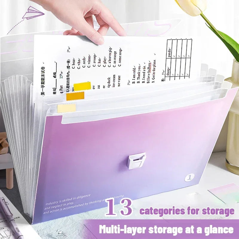 Kawaii Gradient Color A4Portable Accordion Bag 13layer Folder Student Test Paper Storage Bag Large Capacity Information File Bag