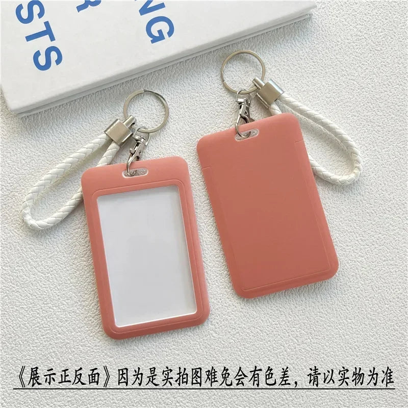 1Pc Solid Color Student Bus ID Card Protective Cover Keyring School Access Door Card Credit Card Holder Bag Set Key Chain