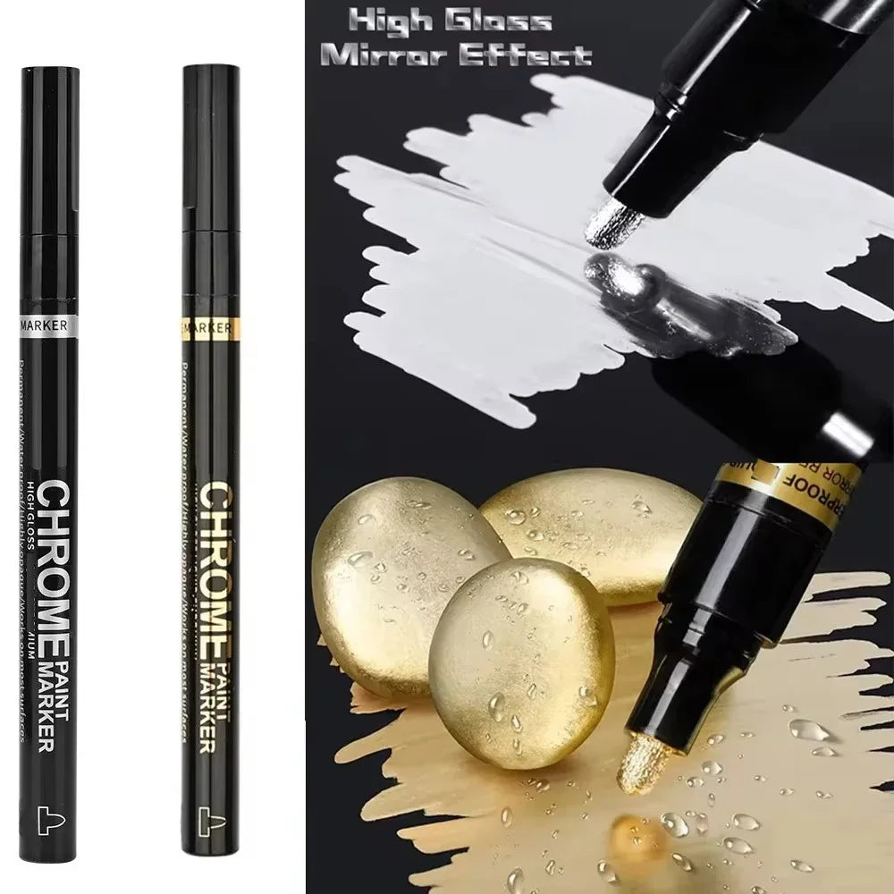 5/1pcs Chrome Pen Marker Mirror Waterproof Paint Repair For Rock Ceramic Glass Metallic Gold/Silver 2mm Nib