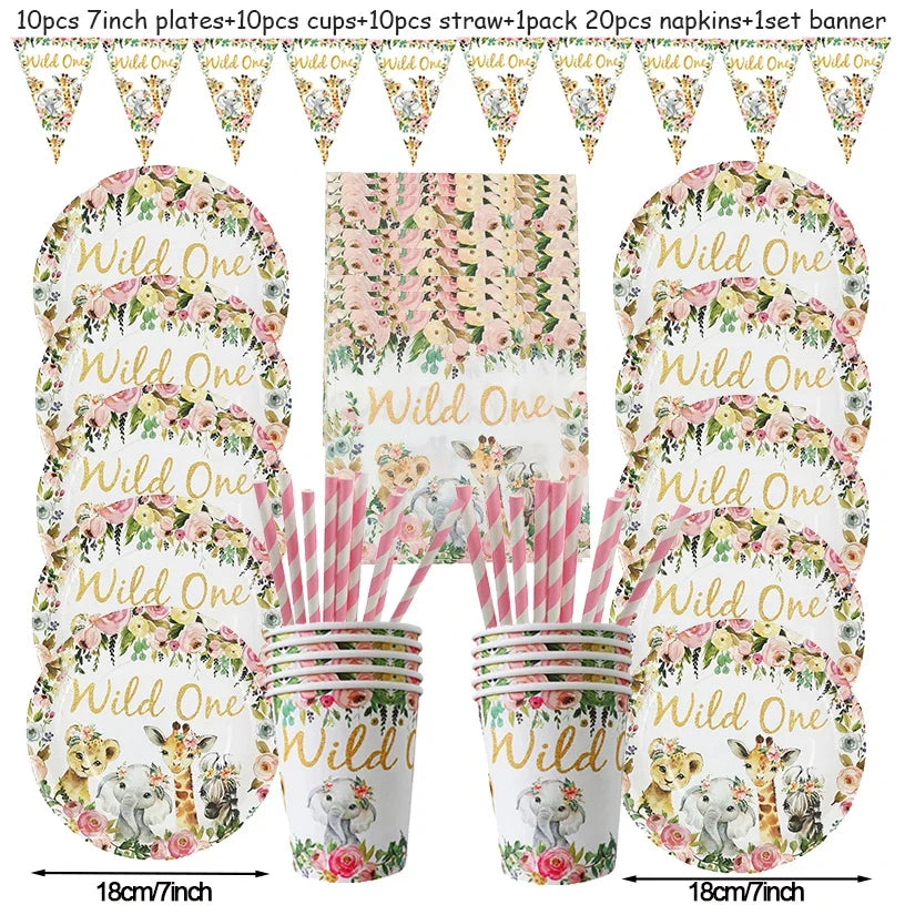 Pink Gold Animal Wild One Birthday Party Tableware Set Forest Decoration One Birthday Jungle Safari Party Supplies