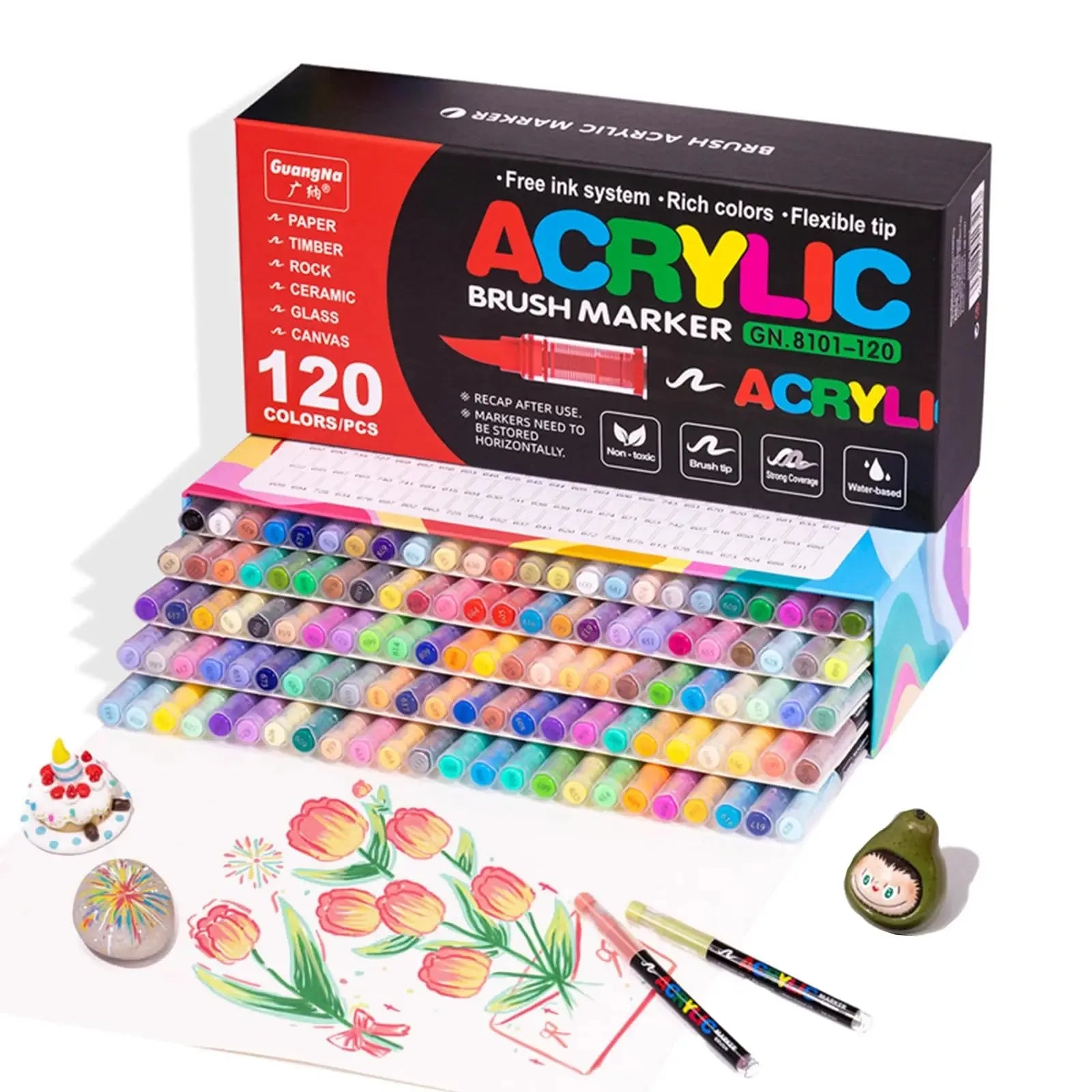 GuangNa 12/360/408 Colors Acrylic Paint Pen Markers Acrylic Skin Color Brush Tip Paint Marker for Wood Rock Painting Canvas Gift