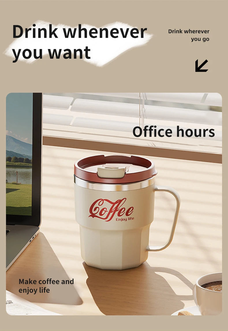 WORTHBUY Coffee Mug With Lid&Handle 304 Stainless Steel Tea Milk Coffee Cup Double Wall Insulated Anti Scalding Drinking Cup