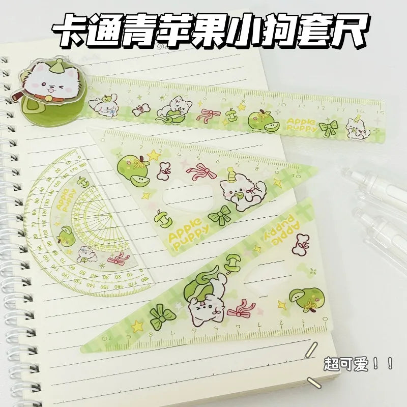 Cartoon 4pcs Ruler Set, Acrylic Straight Ruler Triangle Ruler Protractor, Cute Stationery Measuring Tools for Students