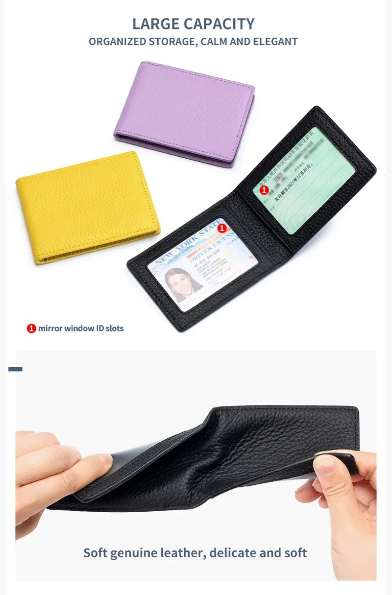 Thin Minimalist Bifold Design Driver's Licence Cover Genuine Leather ID Badge Window Slot Credit and Debit Vaccinum Cards Holder