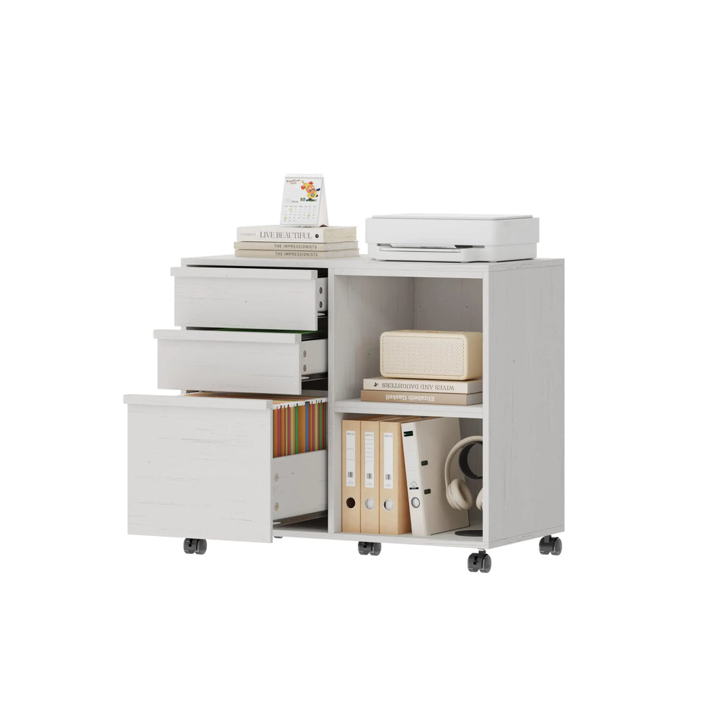 3 Drawer File Cabinet with Open Shelves, Rolling Lateral Filing Cabinet for Letter/A4, Mobile Wood Printer Stand on Wheels, Home Office Storage Organizer