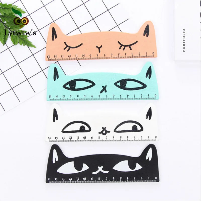 1 Pcs Lytwtw's Cute Kawaii Black Cat Kitten Straight Ruler Wooden Tools Cartoon Sewing Drawing Office School Stationery supplies