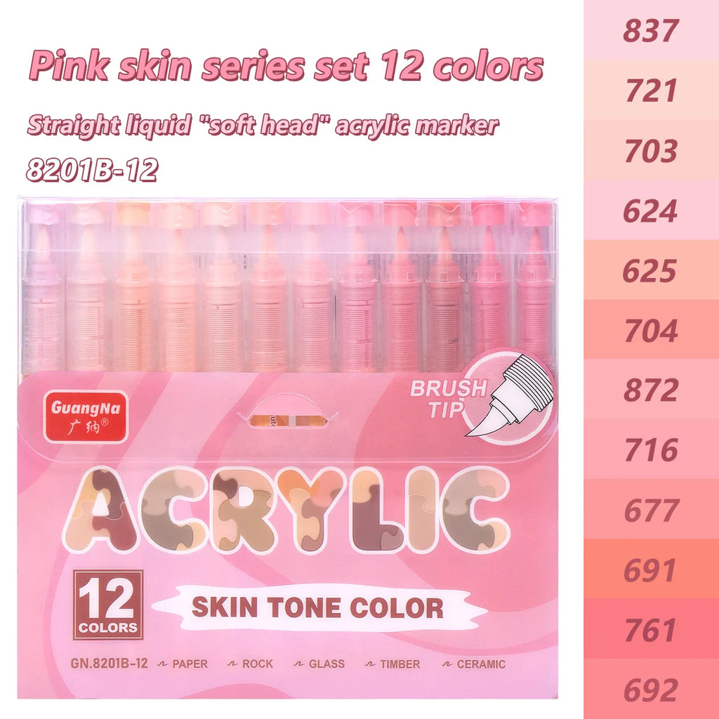 GuangNa 12-72 Colors Soft Brush Acrylic Marker Pen Set,Skin Tone, Macaron color,DIY Hand Drawn,Paint Art Markers pens,GN.8201F/M