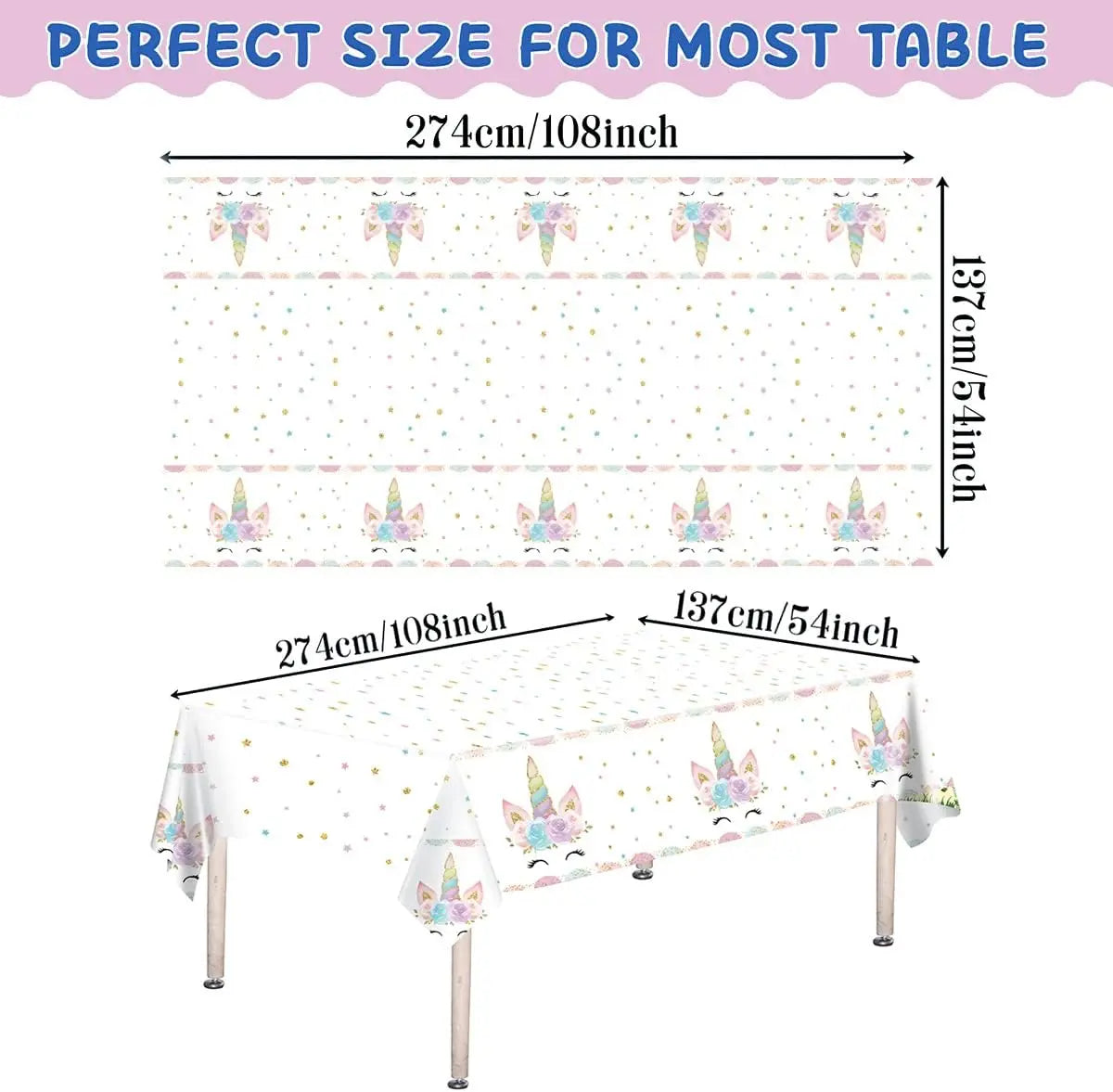 Magical Unicorn Tablecloth 54x108''-Disposable Waterproof Plastic for Girls Birthday&Baby Sprinkle | Glitter Rainbow Party Decor