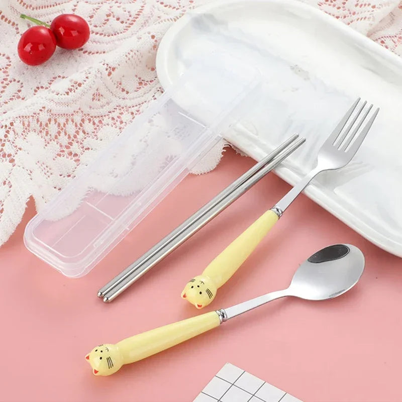 Cute Cartoon Travel Tableware with Case Portable Utensils Cutlery Set Reusable Flatware Silverware Include Fork Spoon with Case
