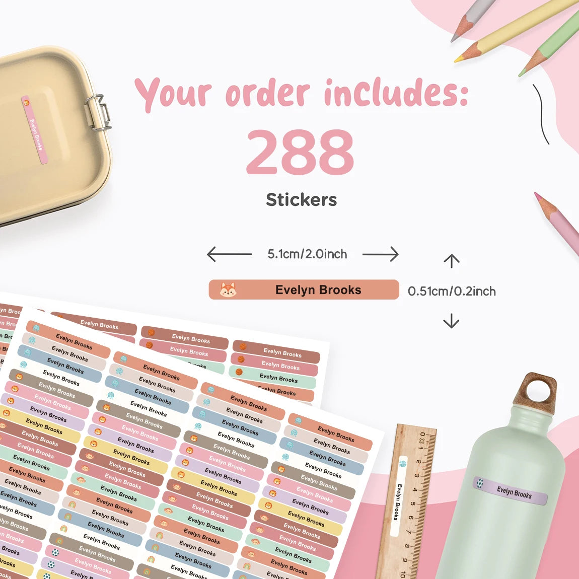 280PCS Personalized Name Stickers Long Strip Pencil Labels Custom Waterproof Self Adhesive Name Labels for Bottles Notebooks