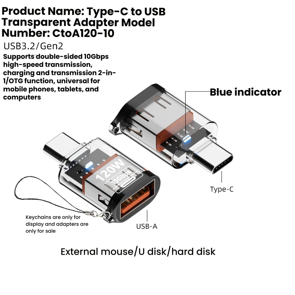 Type C Adapte USB 3.2  OTG Fast Charging 120W 10GB High Speed Data Audio Transfer For PC Tablet