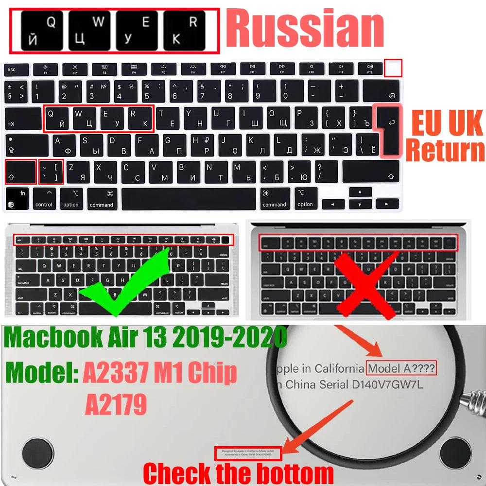 Russian Layout MacBook Pro Keyboard Cover 14" 16" M4 M3 M2 M1 Pro, MacBook Air 15" 13.6" M3 M2 Silicone Skin, US/EU Version