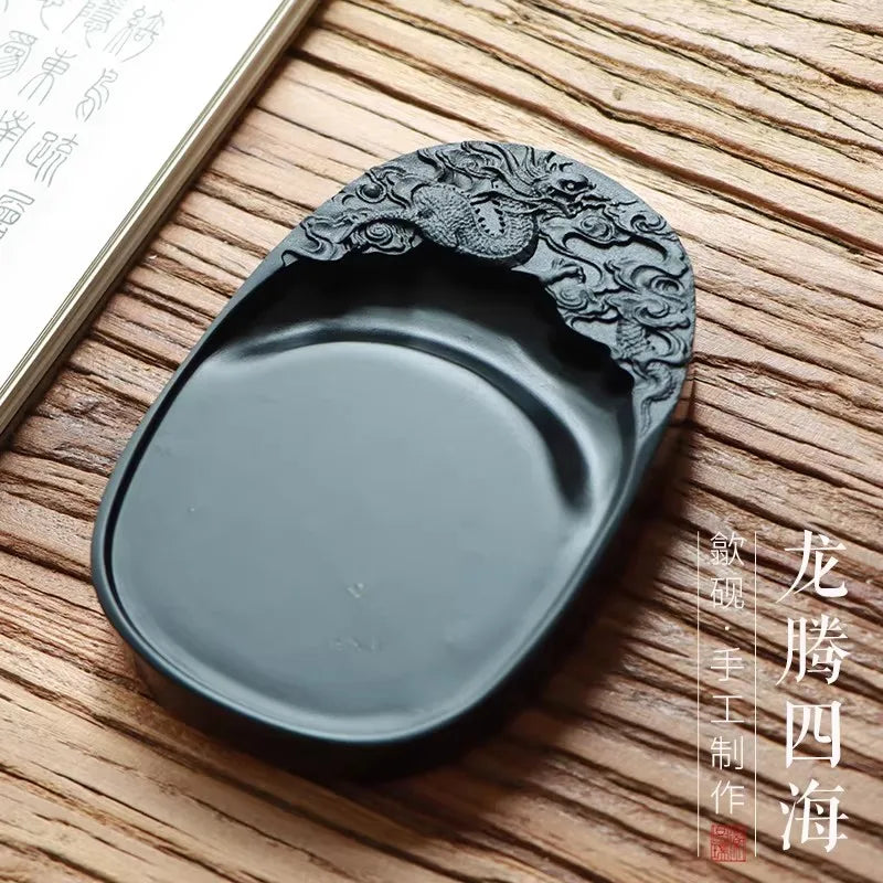 Chinese Calligraphy Ink Stone Carved Dragon Pattern, Traditional Shezhou Inkstone for Painting