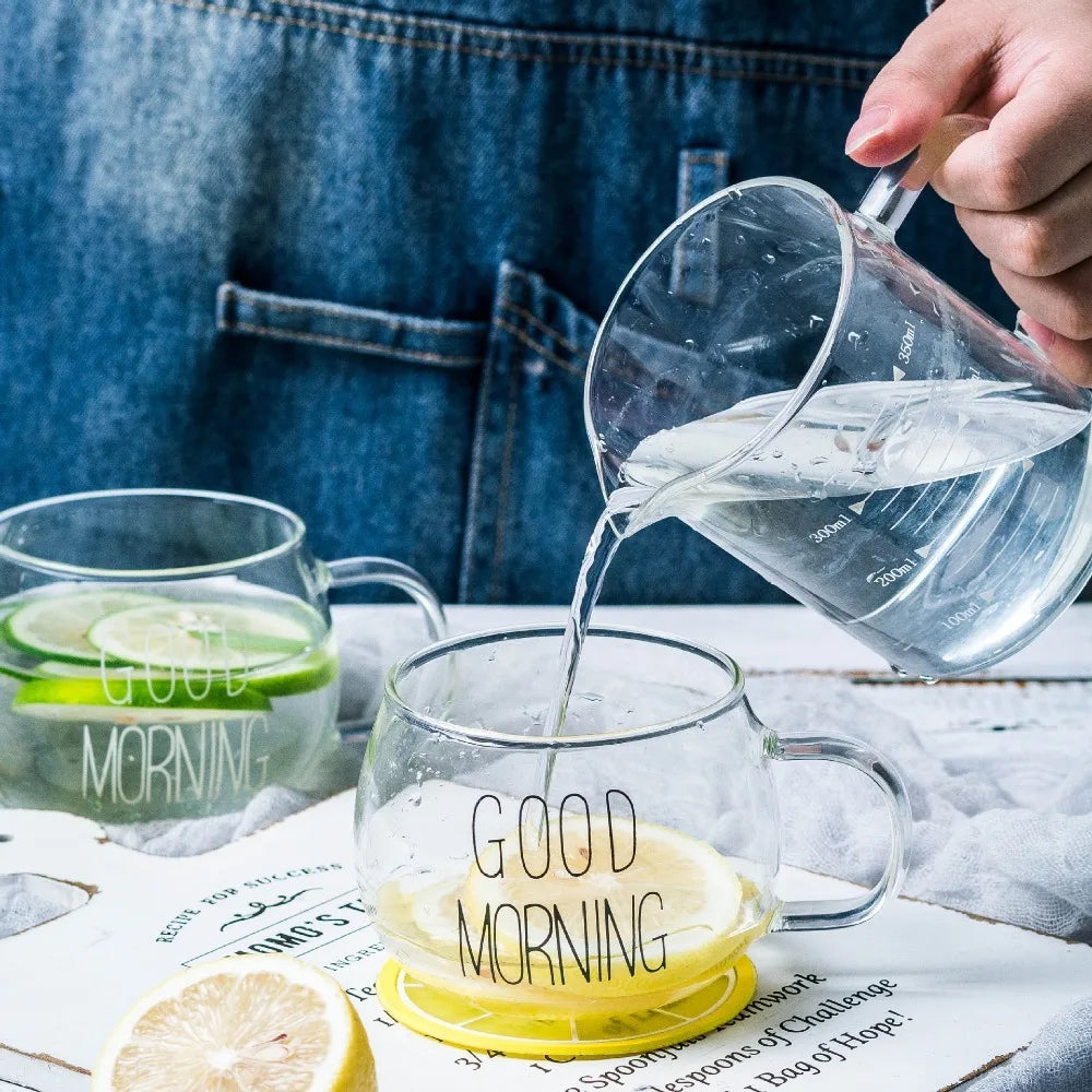 1pc Creative Glass Coffee Tea Cup 350ml Letter Printed Mug Drinks Dessert Breakfast Milk Cup Glass Mugs Handle Drinkware