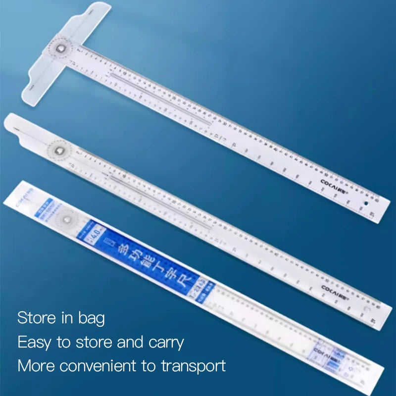 2/1pcs Multifunction Rotatable T-Square Ruler 4mm Thicken Plastic Math Line Circular Transparent Folding Geometric Drawing Ruler