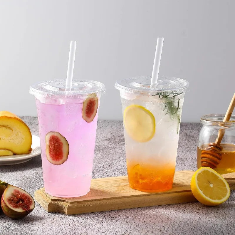 50PCS Clear Disposable Plastic Cups Flat Lids Drinking Cup for Party Wedding Ice Coffee Milkshakes Smoothies Cold Drinks