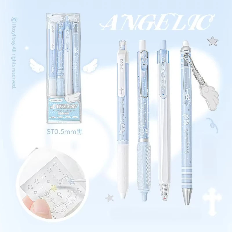 4pcs/set Pearl Angel Gel Pen Set Cute Exam Pens with Wing Design Kawaii Cartoon 0.5mm Black Ink for Kids Back To School Student